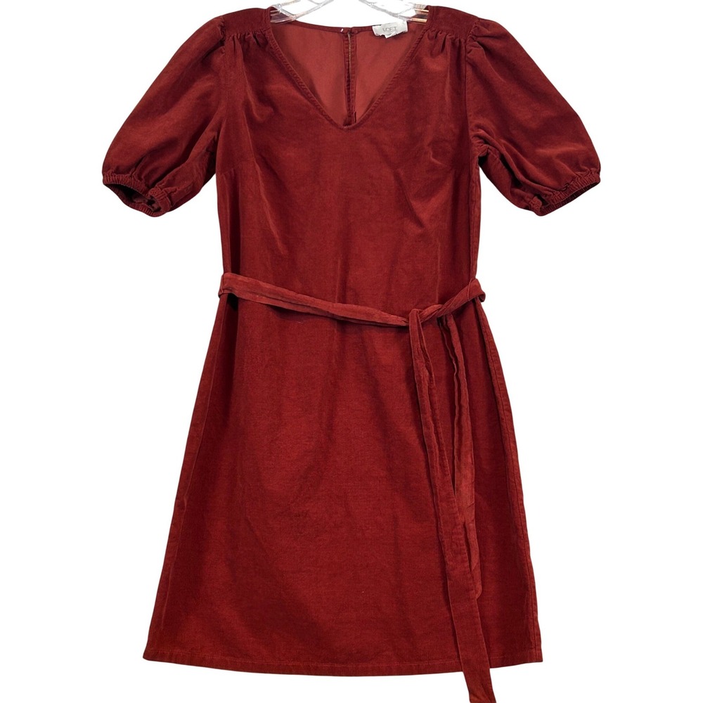 LOFT Outlet Womens Rust Corduroy V-Neck Puff‎ Sleeve Belted Mini Dress XS Retro